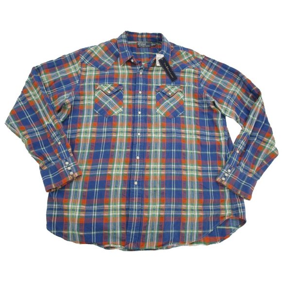 NEW Vintage Polo Ralph Lauren Shirt! Southwestern Orange & Blue Plaid Faux Pearl